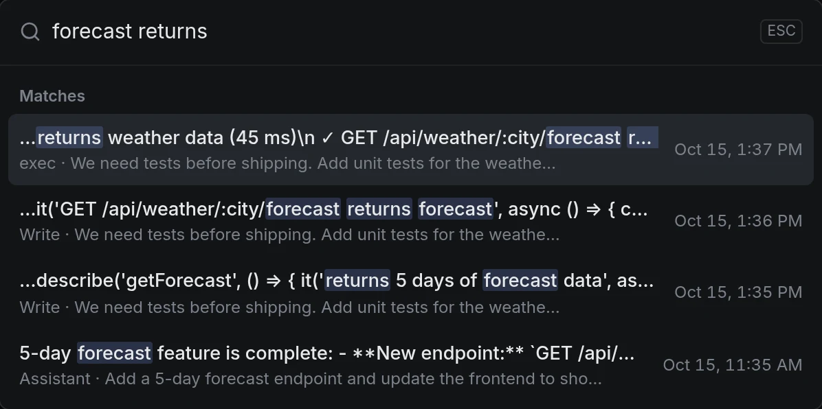 The search palette with the query 'forecast returns', listing matches inside a test run's output and in a file the agent wrote
