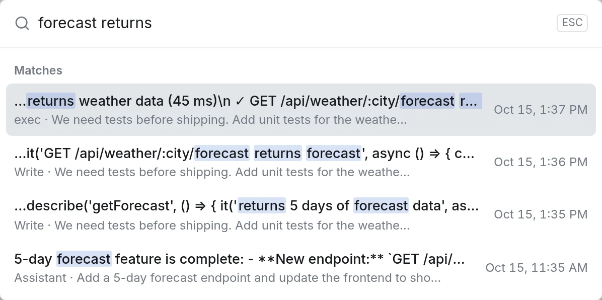 The search palette with the query 'forecast returns', listing matches inside a test run's output and in a file the agent wrote